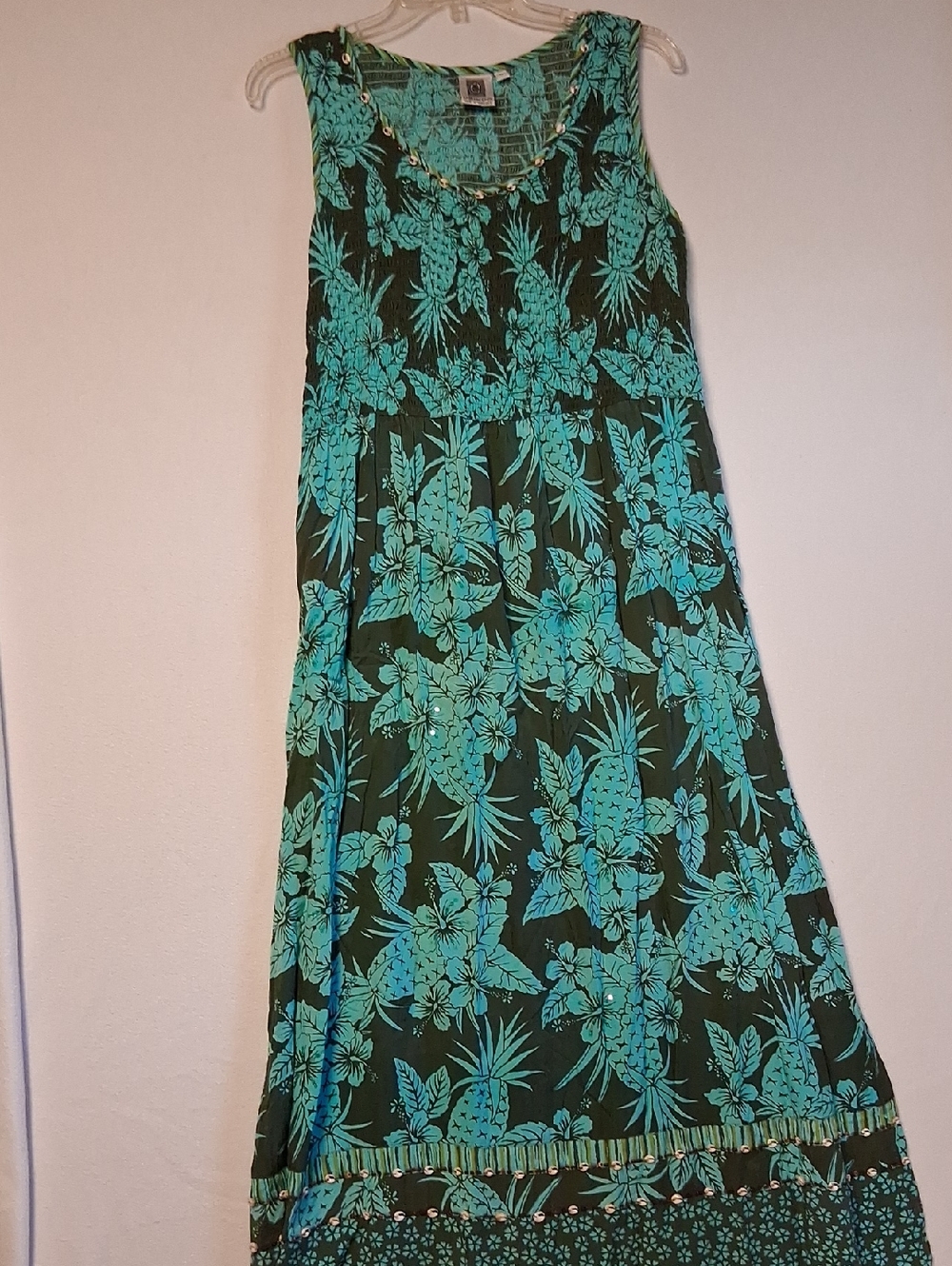 USINDO Smocked With Small Shells Beads And Sequins Tropical Teal & Green Maxi